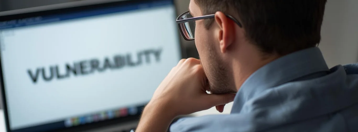 Vezető a képernyő előtt, amelyen a Vulnerability – sebezhetőség szó látható